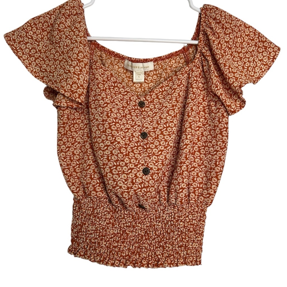 Monteau Los Angeles Rust Floral Crop Top Smocked Waist • Size S • Pre-Loved
